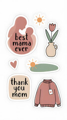 Fototapeta premium A set of cozy hand-drawn stickers featuring a mother and child silhouette, a tulip in a vase, a sweater, and 