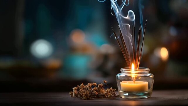 Candlelight meditation ritual with burning incense sticks mindful spiritual practice contemplative ceremony peaceful atmosphere wellness journey inner reflection moment soft