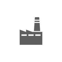 Simple grey factory building icon with a smokestack, symbolizing industrial production, manufacturing processes, and economic activity. Graphic for business and engineering