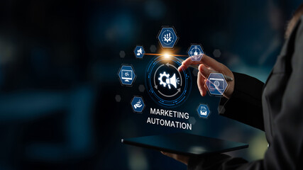 Marketing automation diagram showcase AI-driven campaign workflow, highlight marketing automation,...