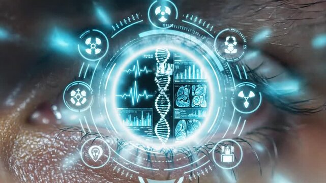 Futuristic human eye with holographic medical interface and DNA genome data visualization representing advanced biotechnology and artificial intelligence diagnostics