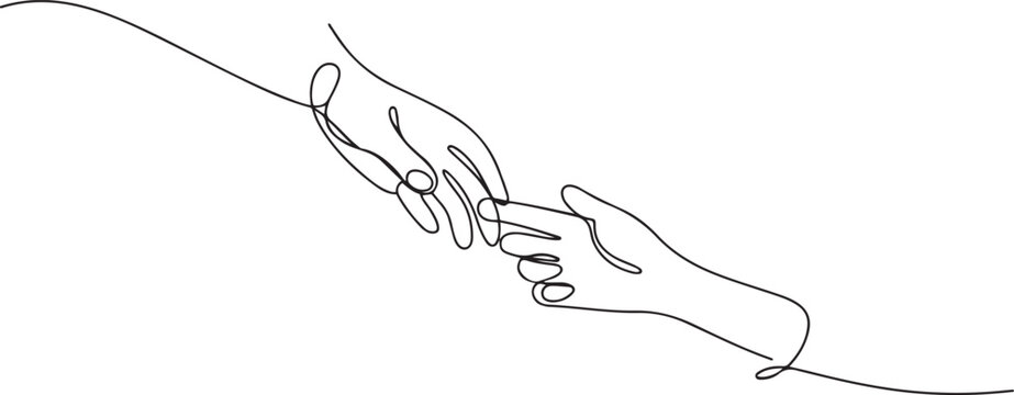 Single line drawing of romantic or helping concept, Two hands reaching out towards each other drawn by continuous one line. one line Icon drawing