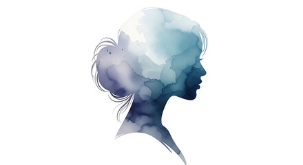 Woman's silhouette in watercolor style with blue tones and soft texture 
