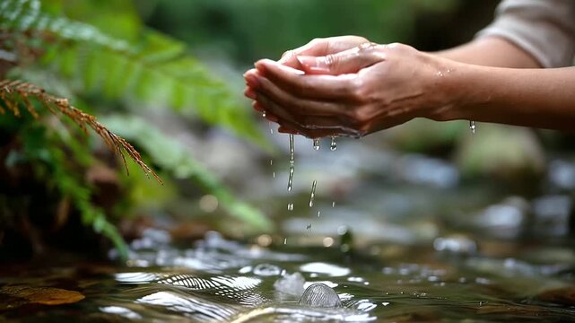 Faceless hands touching sacred spring water holy site pilgrimage spiritual purification ritual natural healing source wellness journey meditation practice tranquil moment