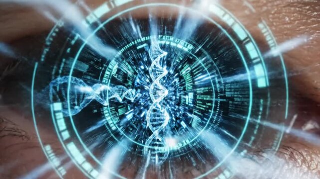 Futuristic human eye scanning digital DNA interface with holographic data and blue technology overlay creating sci fi cinematic opening scene