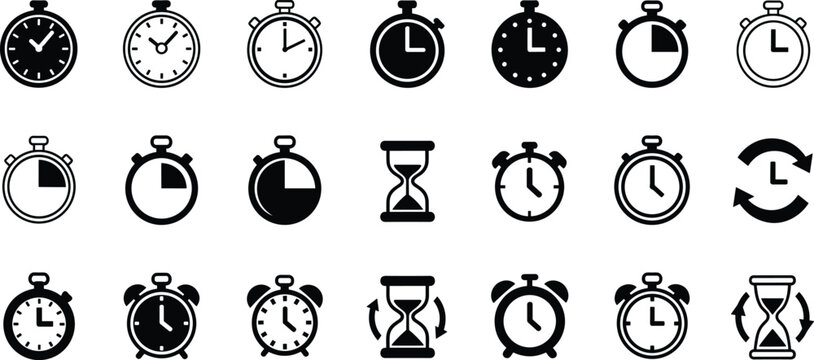 Time and Management Icon Set Featuring Minimalist Black Silhouette Stopwatches Hourglasses and Alarm Clocks Isolated on a Clean White Background