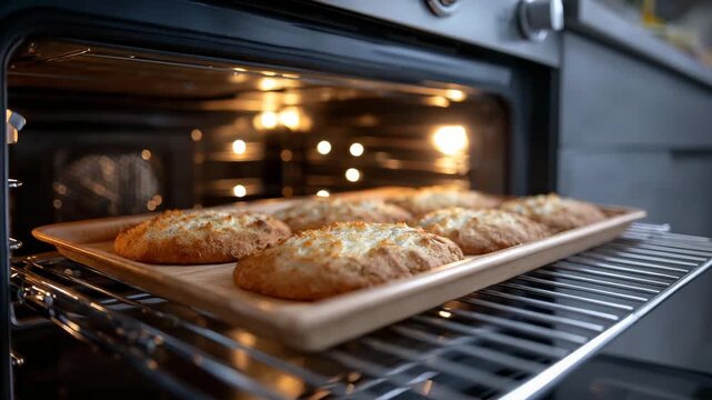 Fresh baked cookies in oven with warm light in kitchen during evening snack time