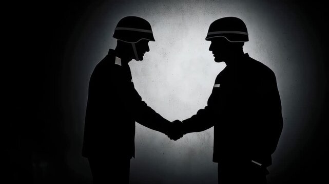 Two soldiers shaking hands in front of a red nuclear launch button. Geopolitical military conflict and global defense strategy concept with national security risk.