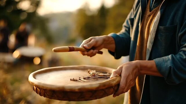 Faceless shamanic practitioner raising traditional drum and stick spiritual ceremony cultural healing ritual rhythmic practice indigenous tradition powerful moment