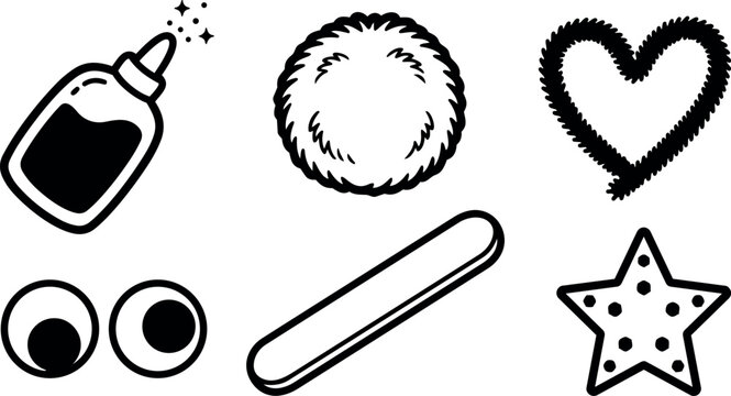 Flat line art craft icons set showing glue bottle pompom googly eyes wooden stick fuzzy heart dotted star isolated