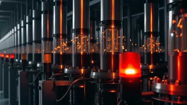 Industrial uranium enrichment centrifuge facility with glowing warning lights. Nuclear fuel production technology and energy reactor hardware for global security.