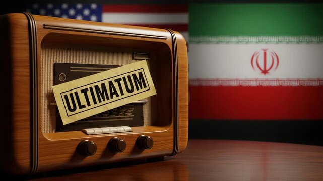 Retro radio with ultimatum note positioned before flags of United States and Iran. Geopolitical conflict and international diplomatic tension concept during crisis.