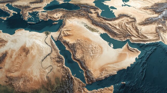 Satellite View of Middle East Region Shows Landforms and Water Bodies With Color Overlays Indicating Political Boundaries and Regions
