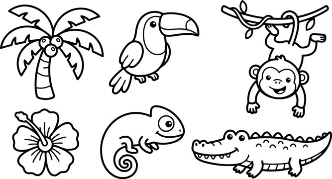 Line art cartoon tropical animal icons set close up smiling monkey hanging from vine with toucan and palm tree chameleon hibiscus