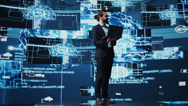 Engineer studying AI brain for data structures and predictive analytics, highlighting smart technology and deep learning for innovation and productivity. Algorithmic thinking. Camera B.