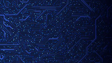 Fototapeta na wymiar Circuit board background. Blue electronic circuits and glowing motherboards, futuristic digital network lines. High tech microchip traces, glowing computer processing paths and data flow computing