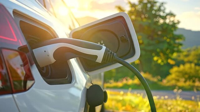 Electric vehicle charging port connected to a modern automobile
