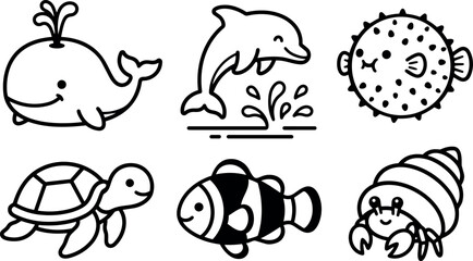 Fototapeta premium Line art cute sea animal icon set showing smiling whale with spout, jumping dolphin, pufferfish, turtle, clownfish, playful hermit crab