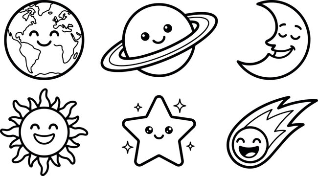 Line art kawaii celestial icon set showing smiling earth, saturn, moon, sun, star and comet in landscape layout black outline