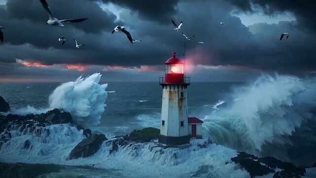 Stormy waves crash against a lighthouse with birds flying overhead at dusk near the coast