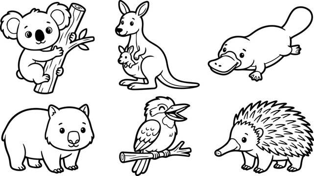 Line art cute australian animal set with koala clinging to log, kangaroo with joey, platypus, wombat, kookaburra and echidna outline vector friendly