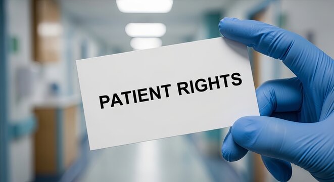 Healthcare professional holding patient rights card in hospital hallway