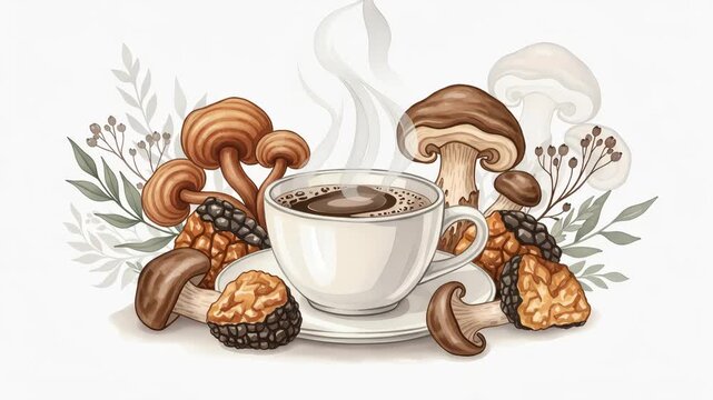 Steaming mushroom coffee cup with reishi and chaga fungi illustration, adaptogenic beverage concept with botanical elements