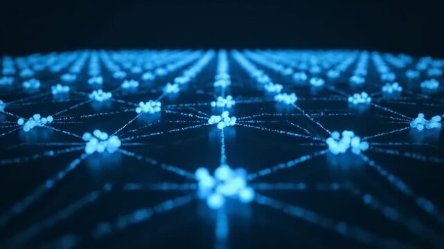 Network nodes interconnected in a complex web of blue glowing lines and dots from a futuristic viewpoint