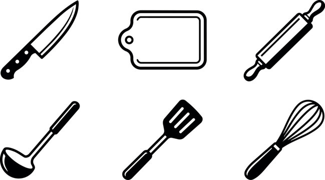 Line art kitchen utensils icon set showing chef knife cutting board rolling pin ladle spatula whisk arranged on white background