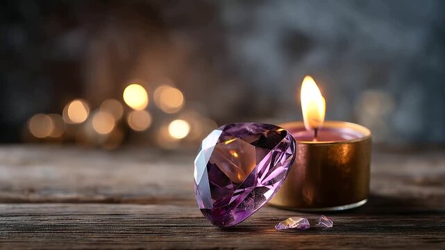Purple gemstone with burning candle on wooden surface meditation composition esoteric ritual setting crystal healing practice mystical ceremony spiritual tools atmospheric