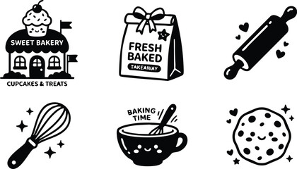 Cute black and white bakery icons set including cupcake shop building fresh baked bag rolling pin whisk mixing bowl and smiling cookie with hearts and stars