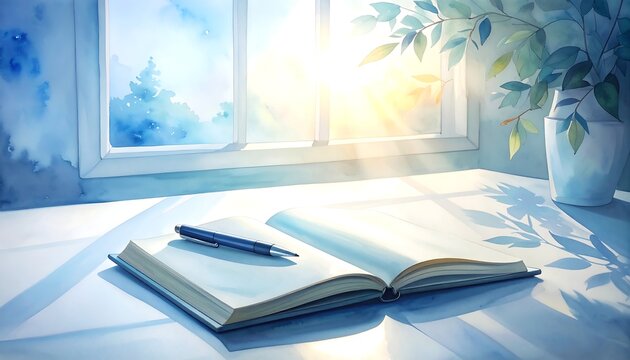 窓から差し込む柔らかな光と机の上の開いた本が静かな室内空間を演出する落ち着いた読書風景の水彩画イラスト