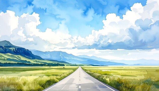 青空と雲の下でまっすぐ続く道路と広がる草原を描いた開放感あふれる自然風景の水彩画イラスト
