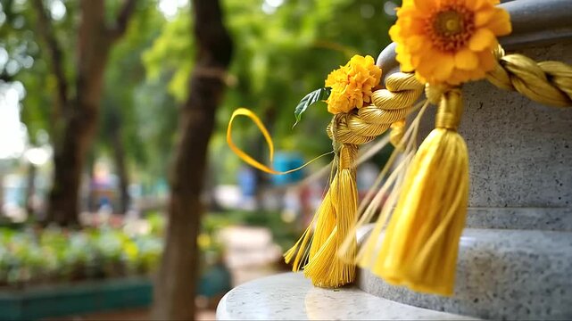 Sacred rope marking spiritual space entrance traditional shrine boundary religious ceremony element cultural practice spiritual protection symbol peaceful setting defocused