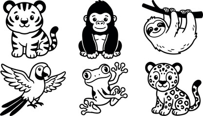 Fototapeta premium Line art cute jungle animal set showing tiger cub gorilla baby sloth parrot tree frog and leopard cub in grid