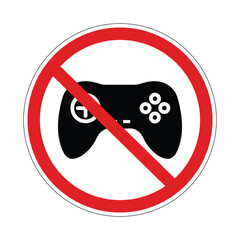 No gaming sign, gaming prohibited symbol, red circle prohibit video game controller icon, crossed gamepad ban sign, no video games warning label, restriction symbol, flat vector isolated illustration © Icon Legend 