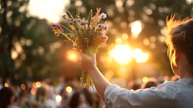 Summer solstice celebration or festival scene seasonal spiritual gathering nature ritual cultural tradition outdoor ceremony midsummer practice atmospheric setting
