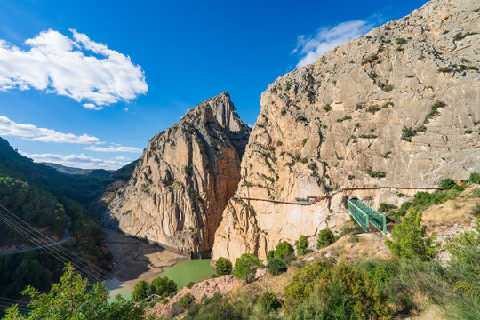 Caminito del Rey, The King's Path walkway pinned along the steep walls of a narrow gorge in El Chorro near Malaga, Spain