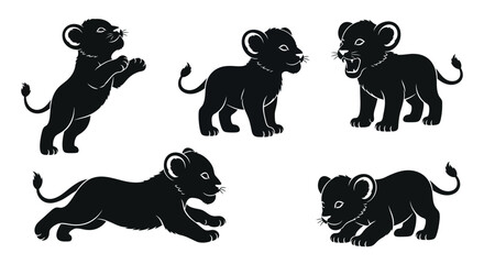 Playful Lion Cubs Silhouette Collection: Five Adorable Poses