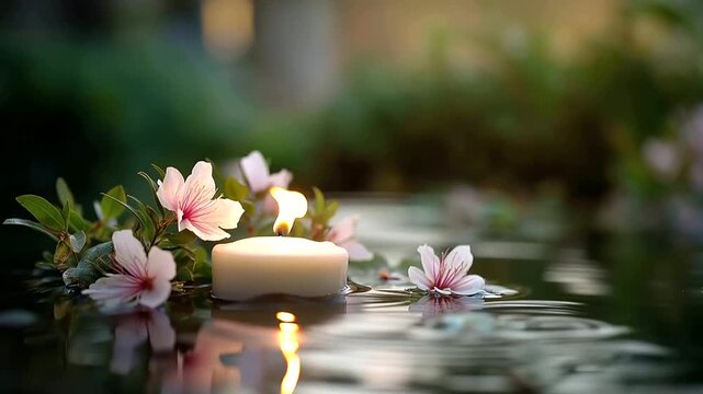 White candle with pink blossoms floating on water peaceful spiritual ritual meditation scene natural beauty tranquil ceremony serene atmosphere gentle lighting defocused ref