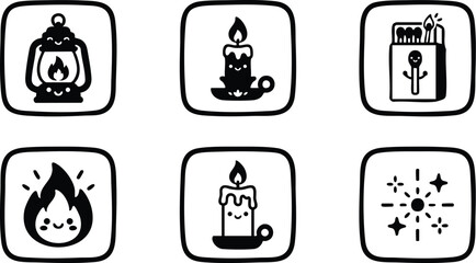 Cute black and white vector icons set featuring smiling lantern fire candle matchbox flame and spark elements with simple outline in square frames