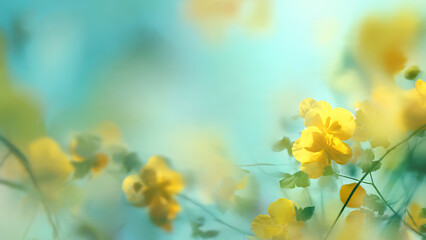 Soft focus view of blurry yellow flowers in a serene natural setting with a gentle abstract background