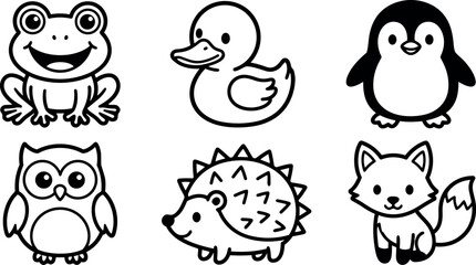 Obraz premium Line art kids doodle animal icon set with frog, duck, penguin, owl, hedgehog and fox in cute front facing grid layout