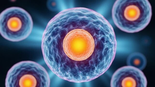 Blue and orange cells on dark background with light rays shining through