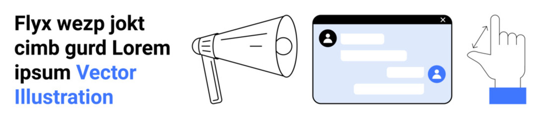 Obraz premium Social media, communication, messaging apps, digital marketing, user interface, online engagement. Megaphone, chat window and a pointing hand graphic. Social media and communication concepts