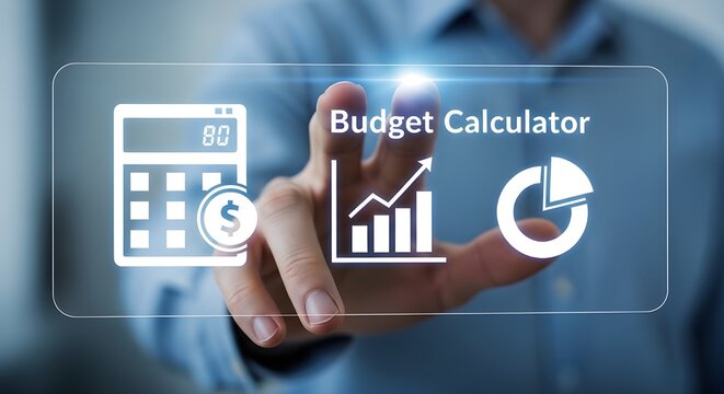 Finger touching screen with budget calculator and financial graphics image photo