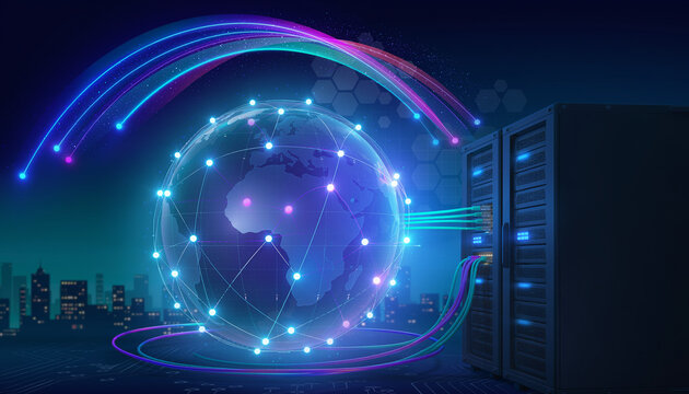 Blue glowing fiber optic globe with digital network lights representing global communication technology