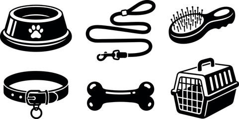 Flat design set of six pet care icons showing bowl leash brush collar bone and carrier in bold silhouette arrangement