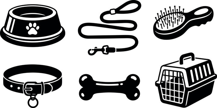 Flat design set of six pet care icons showing bowl leash brush collar bone and carrier in bold silhouette arrangement