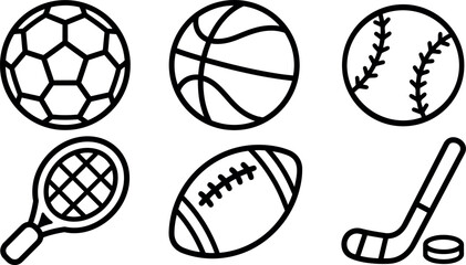 Obraz premium Minimal line art sports icons showing soccer basketball baseball tennis football and hockey equipment in landscape grid, bold black strokes